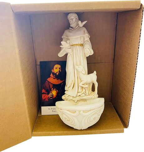 Saint Francis of Assisi Water Font and Holy Card Polyresin Religious Decor | 6.5 Inch Multicolor, Wall Mount, Blessing Devotional Catholic Home Chapel Gift in Kuwait