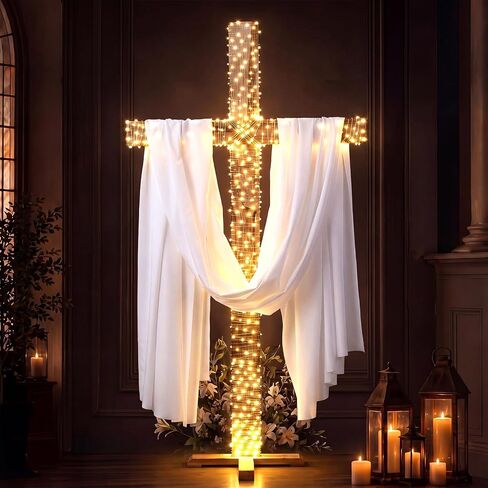 6 ft Large Wooden Standing Cross Christian Religious Wedding Decoration Set with White Draping Fabric and LED Lights, Rustic Standing Church Cross for Wedding, Baptism, Communion Party Decor in Kuwait