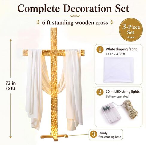 6 ft Large Wooden Standing Cross Christian Religious Wedding Decoration Set with White Draping Fabric and LED Lights, Rustic Standing Church Cross for Wedding, Baptism, Communion Party Decor in Kuwait