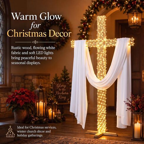 6 ft Large Wooden Standing Cross Christian Religious Wedding Decoration Set with White Draping Fabric and LED Lights, Rustic Standing Church Cross for Wedding, Baptism, Communion Party Decor in Kuwait