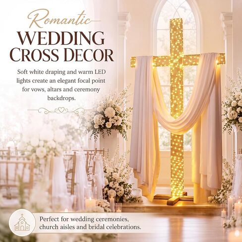 6 ft Large Wooden Standing Cross Christian Religious Wedding Decoration Set with White Draping Fabric and LED Lights, Rustic Standing Church Cross for Wedding, Baptism, Communion Party Decor in Kuwait