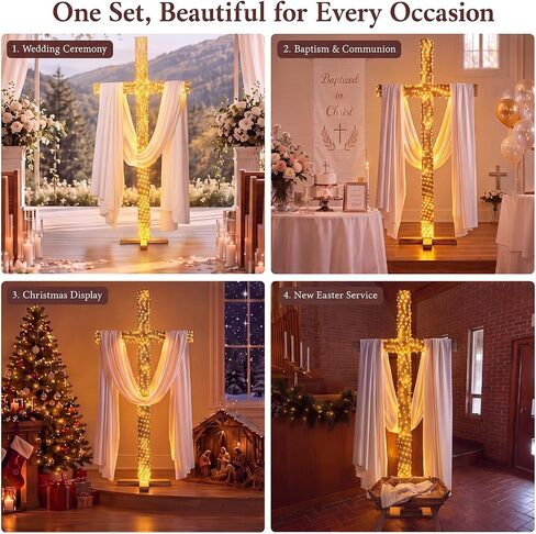 6 ft Large Wooden Standing Cross Christian Religious Wedding Decoration Set with White Draping Fabric and LED Lights, Rustic Standing Church Cross for Wedding, Baptism, Communion Party Decor in Kuwait