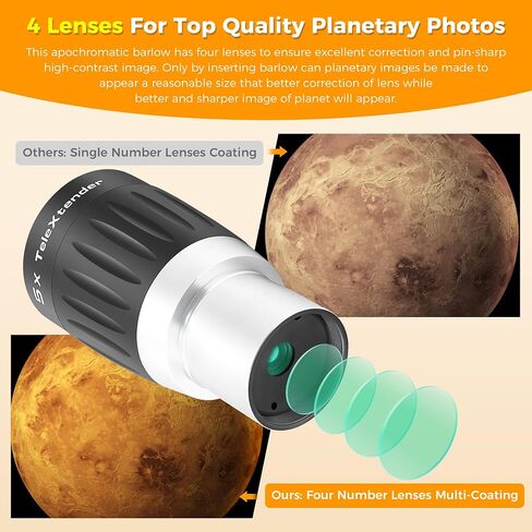 Astromania Premium Barlow Lens 3X 1.25inch 4-Elements TeleXtender Telescope | Premium Apochromatic Telescope Accessory,Built-In Brass Compression Ring,Rubber Armoured Grip,Multi-Coating for High Contrast in Kuwait