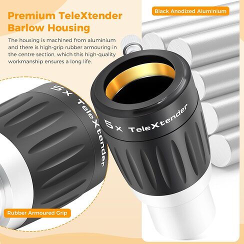 Astromania Premium Barlow Lens 3X 1.25inch 4-Elements TeleXtender Telescope | Premium Apochromatic Telescope Accessory,Built-In Brass Compression Ring,Rubber Armoured Grip,Multi-Coating for High Contrast in Kuwait
