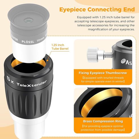 Astromania Premium Barlow Lens 3X 1.25inch 4-Elements TeleXtender Telescope | Premium Apochromatic Telescope Accessory,Built-In Brass Compression Ring,Rubber Armoured Grip,Multi-Coating for High Contrast in Kuwait