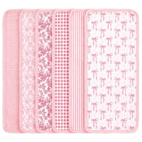 Gilprop 6 Pack Pink Muslin Baby Burp Cloths for Baby Girls, 21''x10'' Large 100% Cotton Burping Cloths, Pink Bow Printing Soft Absorbent Spit up Burp Rags for Nursery Newborn Girls Boys in Kuwait