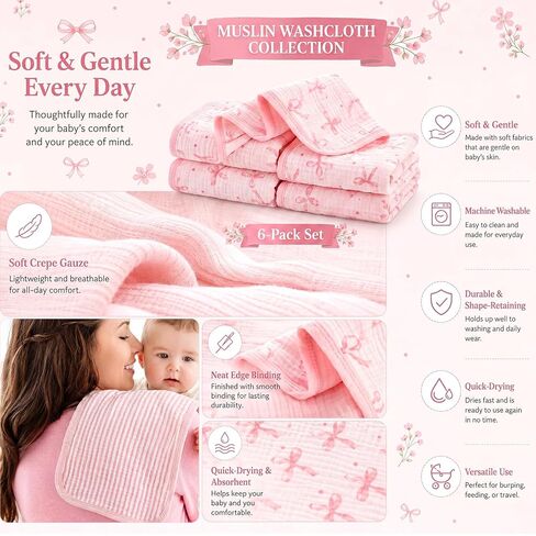 Gilprop 6 Pack Pink Muslin Baby Burp Cloths for Baby Girls, 21''x10'' Large 100% Cotton Burping Cloths, Pink Bow Printing Soft Absorbent Spit up Burp Rags for Nursery Newborn Girls Boys in Kuwait