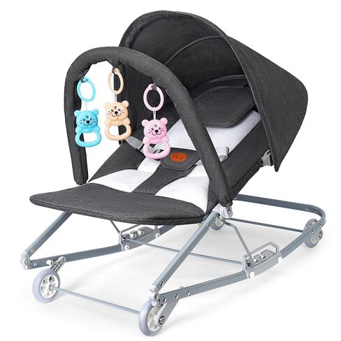 HKAI Rocking Baby Bouncer with Canopy, 2-Mode Rocking & Rolling Infant Seat, Portable Baby Chair for 0-18 Months(Grey) in Kuwait