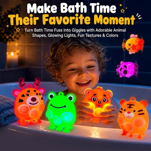 ChildFun 6 Pack Light Up Animal Suction Pop Bath Toys, No Hole Bath Toys for Toddlers, Silicone Suction Fidget Toys for Sensory Fun, Travel Toys for Kids, Airplane, Car Rides & Road Trips in Kuwait