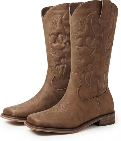 Square Toe Cowboy Boots for Women - Mid Calf Western Cowgirl Boots | Padded Embroidered, Vintage Hand Brushed, Soft Lining, Low Chunky Heel, Pull On Tabs, For Daily Festivals & Western Outfits in Kuwait