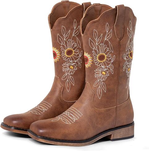 SheSole Women’s Square Toe Cowboy Boots – Mid Calf Sunflower Cowgirl Boots for Women with Floral Embroidery, No Break-In Needed, Ideal for Country Concerts, Music Festivals & Western Themed Parties in Kuwait