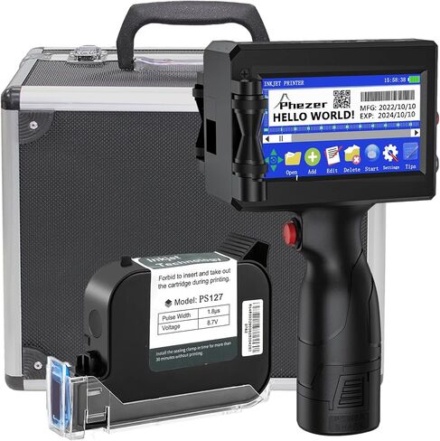 Phezer Handheld Inkjet Printer Gun P15U with PS127 Quick-Drying Ink Cartridge, 0.5inch Portable Handheld Printer for Text/Barcode/Logo/QR/Counter/Number/Date (with Suitcase) in Kuwait