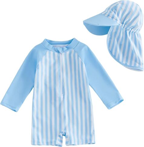 Biayxms Toddler Baby Boy Swimsuit Rash Guard One Piece Bathing Suit with Hat Zipper Long Sleeve Beach Swimwear Sunsuit in Kuwait