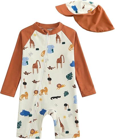 DivingBirds Baby Boy Rash Guard Swimsuit Set with Sun Hat - Long Sleeve Zip One Piece Toddler Bathing Suit for Beach & Pool in Kuwait