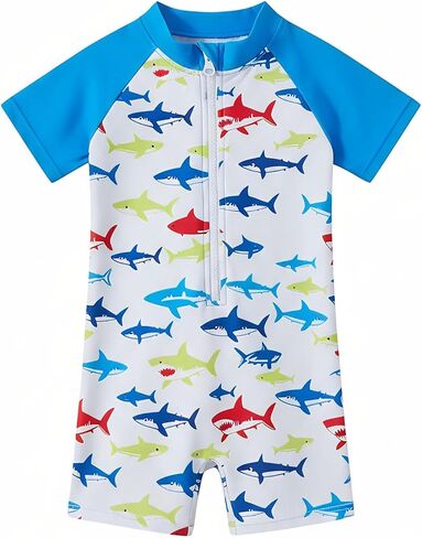 Haloumoning Toddler Baby Boy One Piece Swimsuit Little Kids Half Zip Short Sleeve Bathing Suit Rashguard 9M-8Y in Kuwait