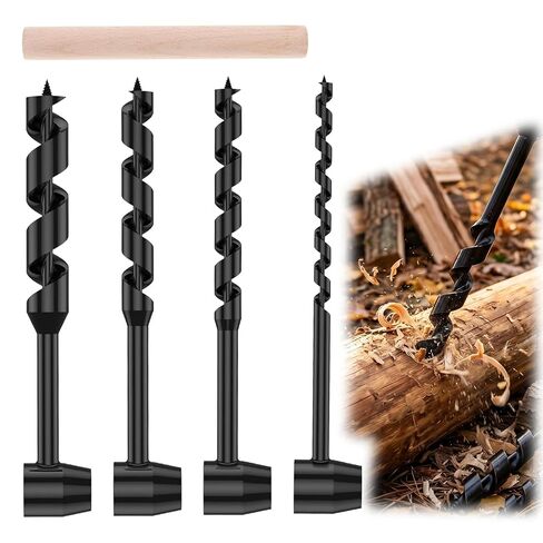 4 Pcs Hand Auger Wood Drill, Heavy Duty Steel Manual Hand Drill Bit Tools, Multipurpose Manual Survival Tools Dril Wood Auger Hand Drill Tool for Camping, Outdoor, Hiking with a Wooden Stick in Kuwait