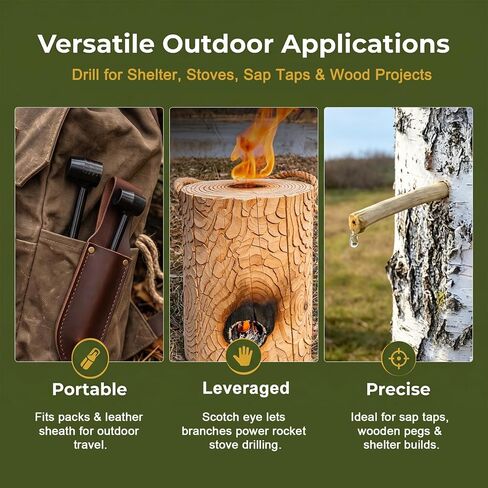 4 Pcs Hand Auger Wood Drill, Heavy Duty Steel Manual Hand Drill Bit Tools, Multipurpose Manual Survival Tools Dril Wood Auger Hand Drill Tool for Camping, Outdoor, Hiking with a Wooden Stick in Kuwait