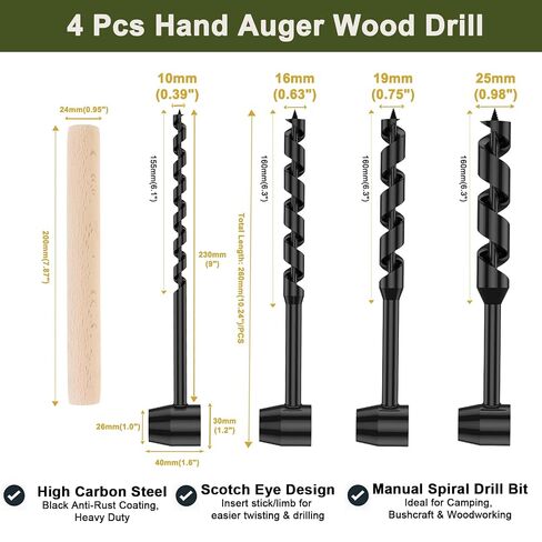 4 Pcs Hand Auger Wood Drill, Heavy Duty Steel Manual Hand Drill Bit Tools, Multipurpose Manual Survival Tools Dril Wood Auger Hand Drill Tool for Camping, Outdoor, Hiking with a Wooden Stick in Kuwait