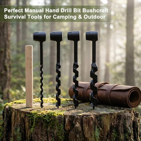 4 Pcs Hand Auger Wood Drill, Heavy Duty Steel Manual Hand Drill Bit Tools, Multipurpose Manual Survival Tools Dril Wood Auger Hand Drill Tool for Camping, Outdoor, Hiking with a Wooden Stick in Kuwait