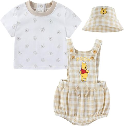 Disney Winnie the Pooh Baby Boys Shortall Overalls with Shirt and Hat 3-Piece Set for Newborn Infant in Kuwait