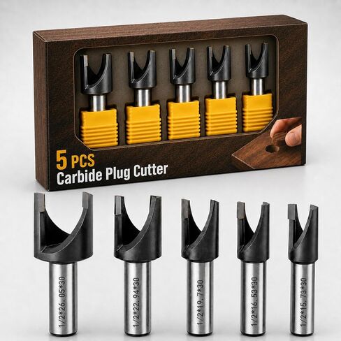 Landhoow 5 Pcs Wood Plug Cutters Set 3/4" 3/8" 1/2" 5/8" 11/32" Countersink Drill Bits for Woodworking Carbide Tipped Plug Cutter Drill Press with Protective Sleeve for Cabinet Hinge Furniture Making in Kuwait