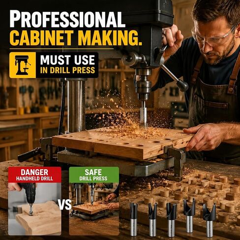Landhoow 5 Pcs Wood Plug Cutters Set 3/4" 3/8" 1/2" 5/8" 11/32" Countersink Drill Bits for Woodworking Carbide Tipped Plug Cutter Drill Press with Protective Sleeve for Cabinet Hinge Furniture Making in Kuwait