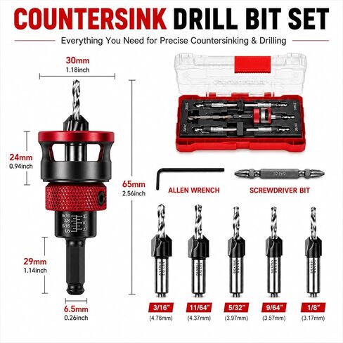 9PCS Countersink Drill Set, Collar Stops When Touching Wood | Low-Friction Collar Won’t Scratch Wood, 82° Cutters Make Clean Countersinks for Cabinets, Furniture and Woodworking. in Kuwait