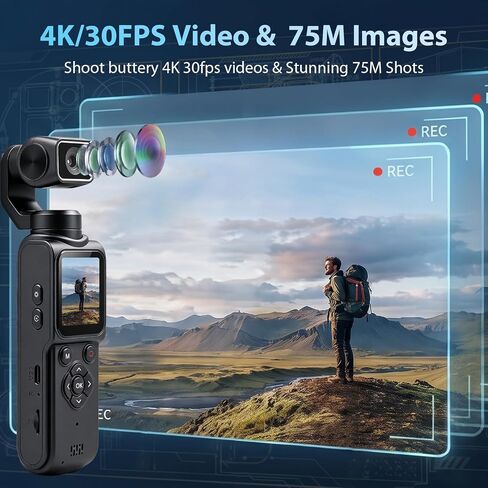 4K Vlogging Camera for YouTube Handheld Action Camera Mini Bodycam | 4K Video Recording&75MP Photo | Rotating Lens&Face Tracking | 1.72in Touchscreen | Bluetooth | Tripod, Lanyard and 16GB Card in Kuwait