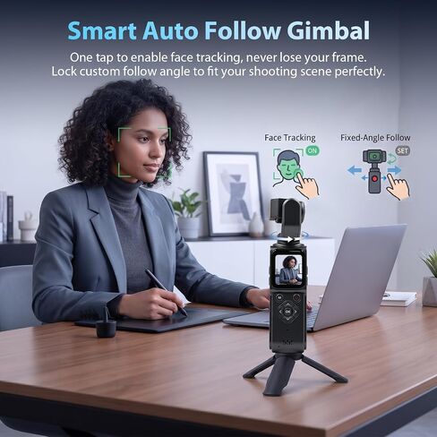 4K Vlogging Camera for YouTube Handheld Action Camera Mini Bodycam | 4K Video Recording&75MP Photo | Rotating Lens&Face Tracking | 1.72in Touchscreen | Bluetooth | Tripod, Lanyard and 16GB Card in Kuwait