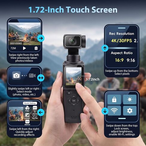 4K Vlogging Camera for YouTube Handheld Action Camera Mini Bodycam | 4K Video Recording&75MP Photo | Rotating Lens&Face Tracking | 1.72in Touchscreen | Bluetooth | Tripod, Lanyard and 16GB Card in Kuwait
