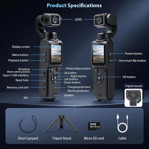 4K Vlogging Camera for YouTube Handheld Action Camera Mini Bodycam | 4K Video Recording&75MP Photo | Rotating Lens&Face Tracking | 1.72in Touchscreen | Bluetooth | Tripod, Lanyard and 16GB Card in Kuwait