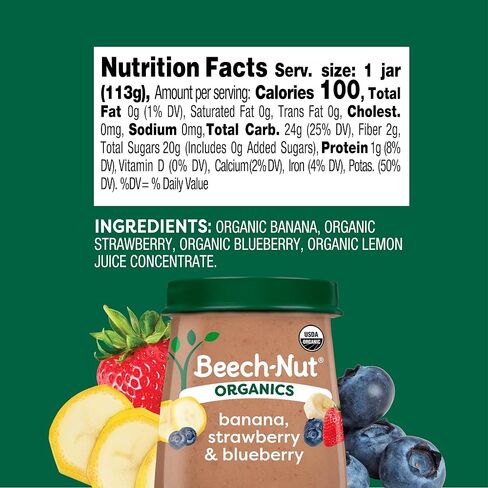 Beech‑Nut Organics Banana, Strawberry & Blueberry Baby Food Jars, Stage 2 for 6+ Months, USDA Certified Organic, Non‑GMO, No Added Sweeteners, 4 oz Glass Baby Food Jars, 10 ct in Kuwait