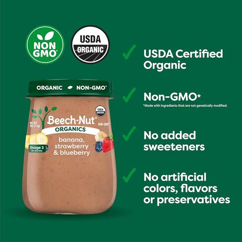 Beech‑Nut Organics Banana, Strawberry & Blueberry Baby Food Jars, Stage 2 for 6+ Months, USDA Certified Organic, Non‑GMO, No Added Sweeteners, 4 oz Glass Baby Food Jars, 10 ct in Kuwait