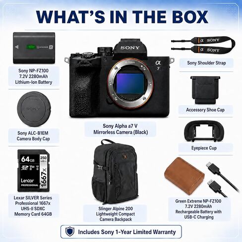 Sony Alpha a7 V Mirrorless Camera, 33MP Partially-Stacked Exmor RS Sensor, BIONZ XR2 Processor, AI Autofocus, 4K 60p 10-Bit Video, Bundle with 64GB SD, Backpack, Extra Battery, Sony 1-Year Warranty in Kuwait