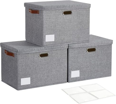 17" Large Collapsible Storage Bins with Lids, Stackable Closet Organizers with PU Handle and Labels, 3-Pack Decorative Fabric Storage Boxes for Home, Bedroom, Closet, Office, Nursery(Gray) in Kuwait