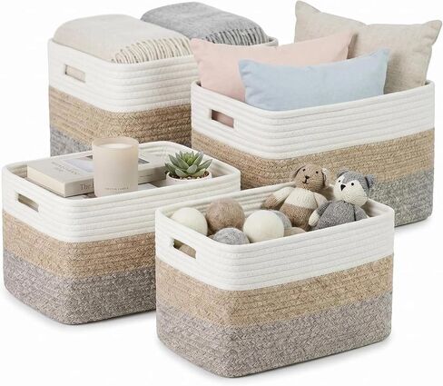 4 sets of hand-woven cotton rope storage boxes, suitable for toys, books, clothes, bathrooms, and car trunks used for organizing and decoration, Two 16x14x7 in and two 14x10x7 in in Kuwait