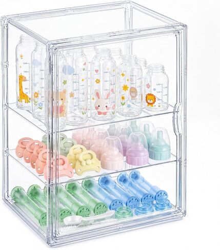 Clear Acrylic Baby Bottle Storage Organizer for Countertop Cabinet, 3 Tiers Adjustable Bottle Storage Station with 2 Removable Dividers & Magnetic Dustproof Door Baby Bottle Drying Rack Large in Kuwait