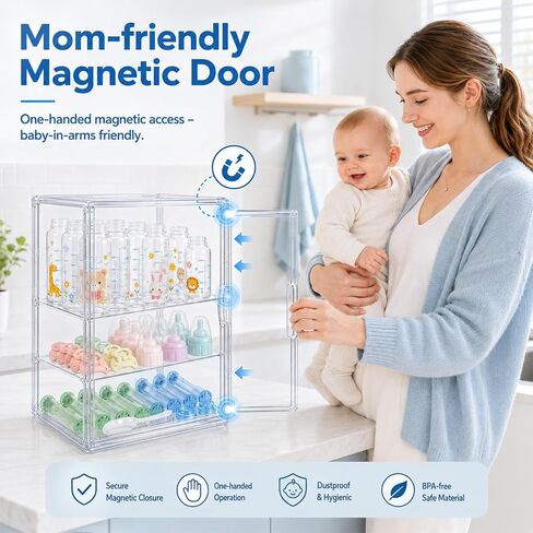 Clear Acrylic Baby Bottle Storage Organizer for Countertop Cabinet, 3 Tiers Adjustable Bottle Storage Station with 2 Removable Dividers & Magnetic Dustproof Door Baby Bottle Drying Rack Large in Kuwait