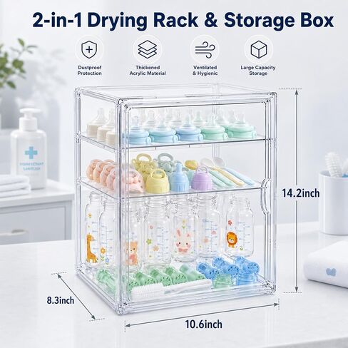 Clear Acrylic Baby Bottle Storage Organizer for Countertop Cabinet, 3 Tiers Adjustable Bottle Storage Station with 2 Removable Dividers & Magnetic Dustproof Door Baby Bottle Drying Rack Large in Kuwait