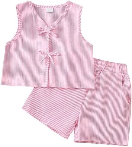 Girls Summer Outfit 2 Piece Set for Kids Sleeveless Bow Tie Top and Elastic Waist Shorts 4Y-7Y in Kuwait