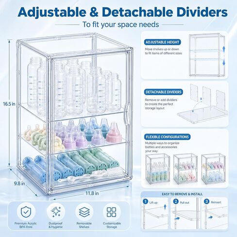 Clear Acrylic Baby Bottle Storage Organizer for Countertop Cabinet, 3 Tiers Adjustable Bottle Storage Station with 2 Removable Dividers & Magnetic Dustproof Door Baby Bottle Drying Rack Large in Kuwait