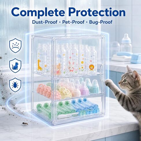 Clear Acrylic Baby Bottle Storage Organizer for Countertop Cabinet, 3 Tiers Adjustable Bottle Storage Station with 2 Removable Dividers & Magnetic Dustproof Door Baby Bottle Drying Rack Large in Kuwait
