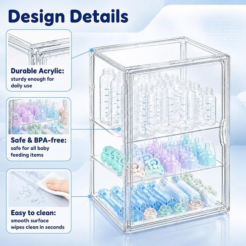 Clear Acrylic Baby Bottle Storage Organizer for Countertop Cabinet, 3 Tiers Adjustable Bottle Storage Station with 2 Removable Dividers & Magnetic Dustproof Door Baby Bottle Drying Rack Large in Kuwait