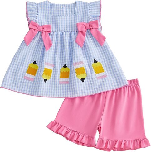 Back To School Toddler Girl Outfit Apple/Pencil T-Shirt Shorts Set | Kindergarten Pre-K Outfits, First Day of School Clothes, Short Sleeve Shirt Ruffle Shorts Set, 2Pcs Baby Girl Summer Clothes in Kuwait
