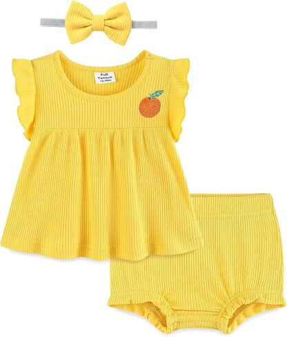 Fullfamous Newborn Baby Girl Summer Clothes 3 Piece Cotton Top and Bloomer Shorts Clothing Set NB-24Months in Saudi Arabia