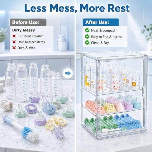 Clear Acrylic Baby Bottle Storage Organizer for Countertop Cabinet, 3 Tiers Adjustable Bottle Storage Station with 2 Removable Dividers & Magnetic Dustproof Door Baby Bottle Drying Rack Large in Kuwait