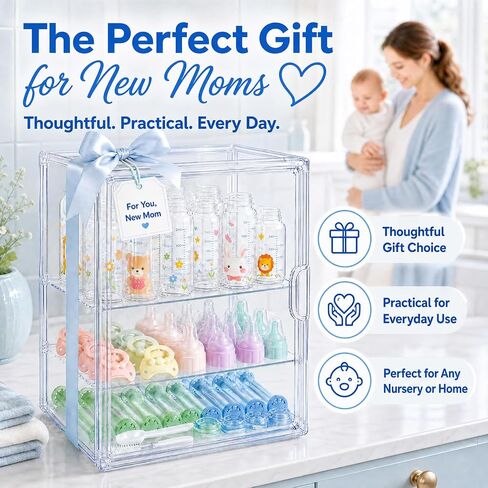Clear Acrylic Baby Bottle Storage Organizer for Countertop Cabinet, 3 Tiers Adjustable Bottle Storage Station with 2 Removable Dividers & Magnetic Dustproof Door Baby Bottle Drying Rack Large in Kuwait