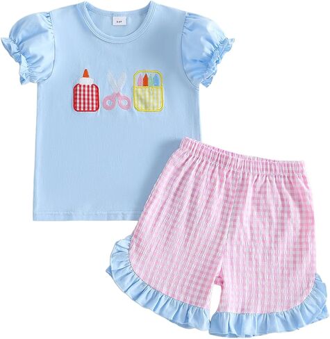 Bagilaanoe Toddler Baby Girl Preschool Outfit First Day of School Pre K Short Sleeve T-Shirt Shorts Back To School Set in Kuwait