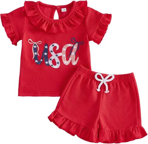 Sejardin Infant Baby Girl Summer Clothes Letter Print Ruffle Short Sleeve Tops and Stretch Shorts Cute Toddler Outfit in Kuwait