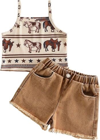 Western Outfit for Girls Cute Toddler Girl Horse Tank Top and Frayed Denim Jeans Shorts Set 2-7 Years Old in Kuwait